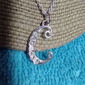 Elegant Silver Pendant Necklace initial C crystals